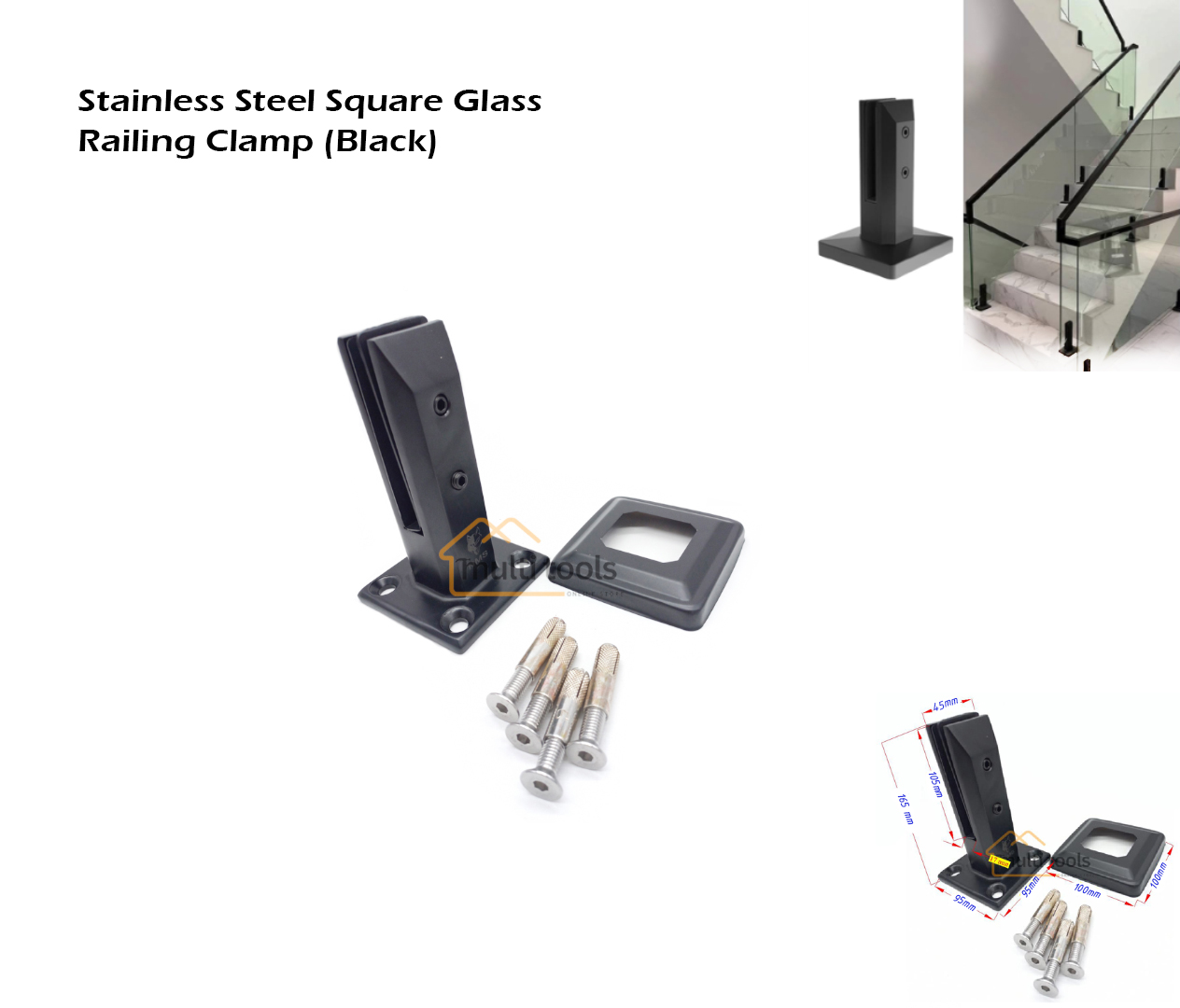 Stainless Steel Square Glass Railing Clamp (Black)